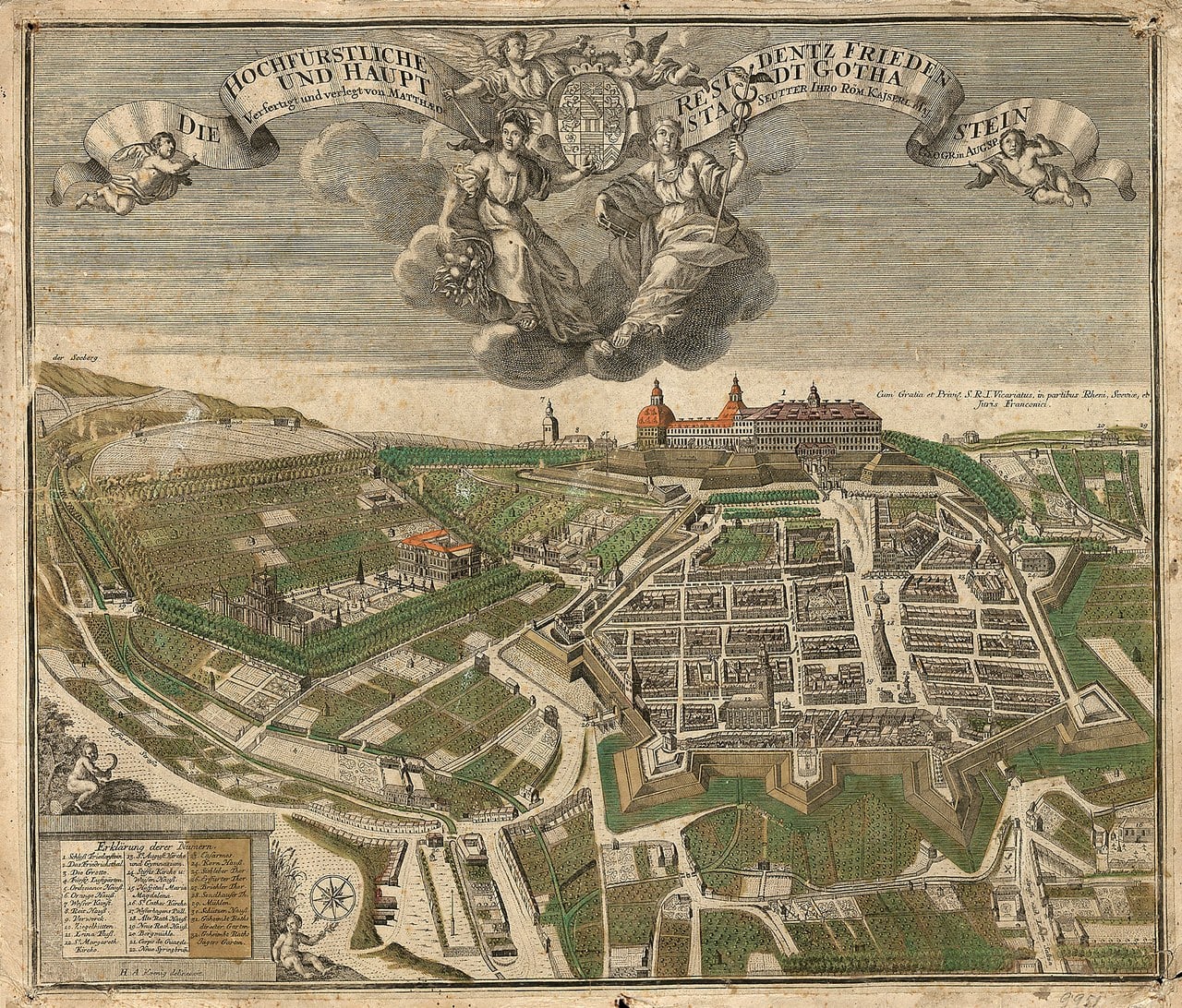 An 18th-century bird's-eye engraving of Friedenstein Palace and Gotha with its star fortifications