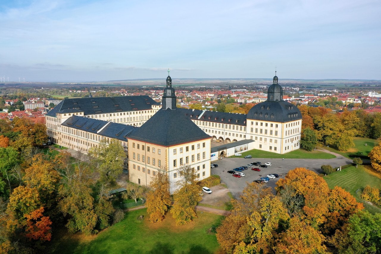Aerial view of Friedenstein Palace in Gotha with its two corner towers and four-wing complex