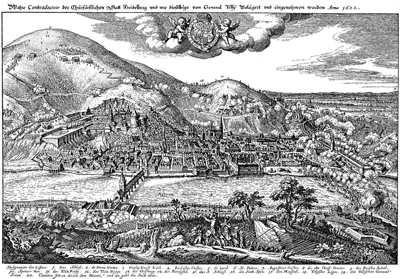 The 1622 storm of Heidelberg: Matthäus Merian, public domain, via Wikimedia Commons Matthäus Merian's engraving of the 1622 storming of Heidelberg by Tilly's army during the Thirty Years' War