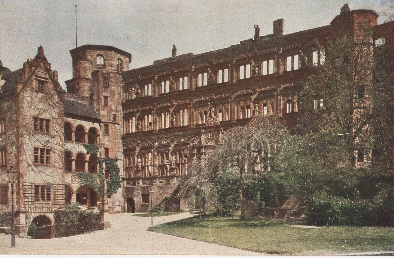 An early colour photochrom of the Heidelberg Castle courtyard with the roofless Ottheinrichsbau