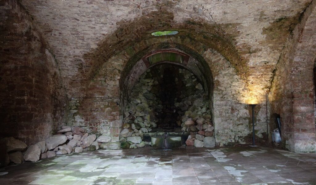 The Große Grotte garden grotto at Heidelberg Castle with a reclining river-god fountain