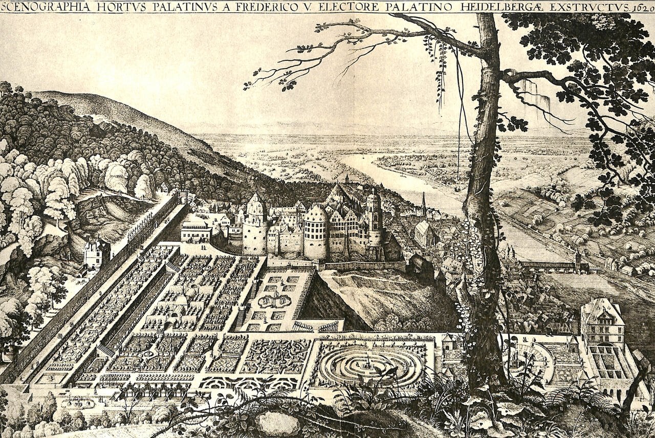 A 1620 engraving showing the terraced parterres, maze, and walls of the Hortus Palatinus at Heidelberg