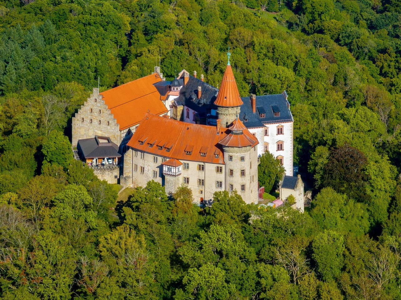 Heldburg Fortress 2 Close aerial view of Heldburg Fortress and its hilltop complex in southern Thuringia