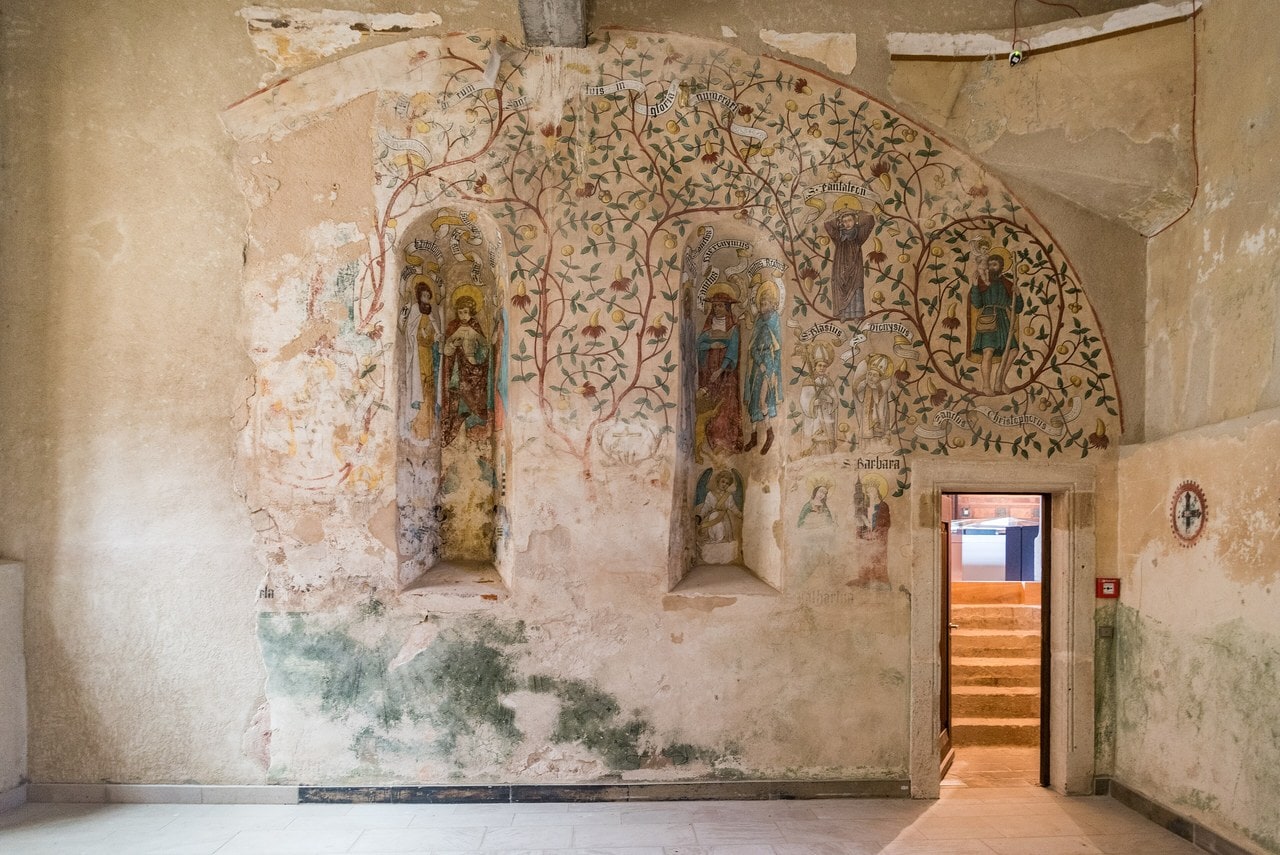 Heldburg Fortress 4 Late-medieval Fourteen Holy Helpers murals on the castle chapel wall at Heldburg Fortress