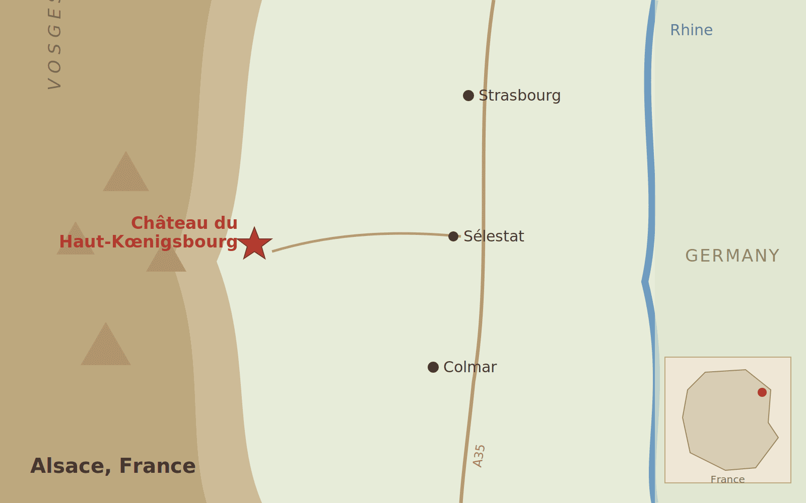 Château du Haut-Kœnigsbourg 9 Map of Alsace locating the Château du Haut-Kœnigsbourg west of Sélestat