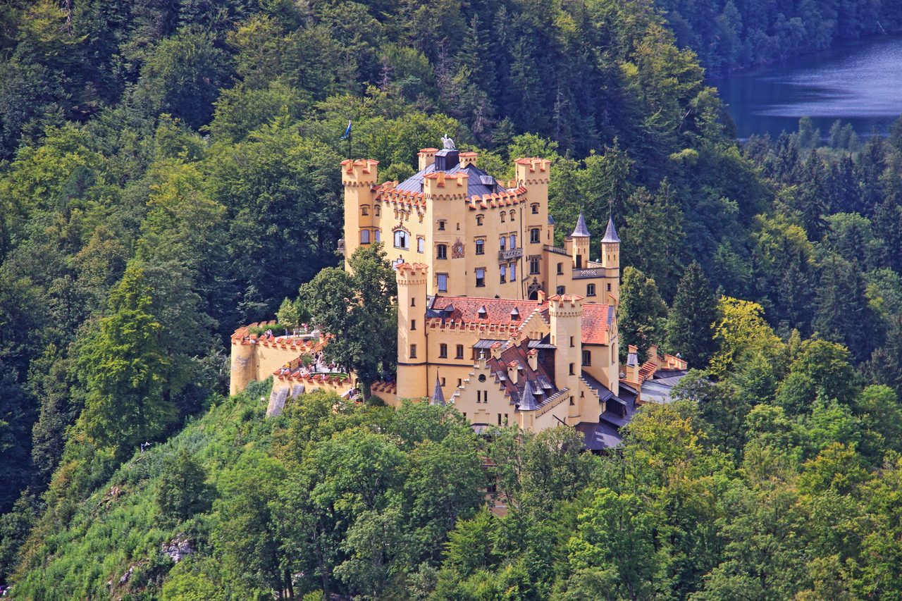 Hohenschwangau Castle above the Alpsee Hohenschwangau Castle, the yellow neo-Gothic palace above the Alpsee in Bavaria