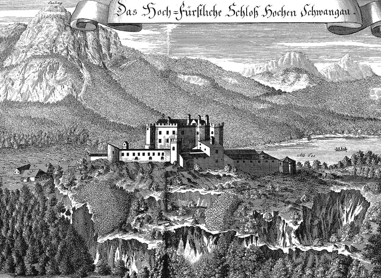 The fortress before reconstruction, by Michael Wening Eighteenth-century engraving of the fortress at Hohenschwangau before its reconstruction