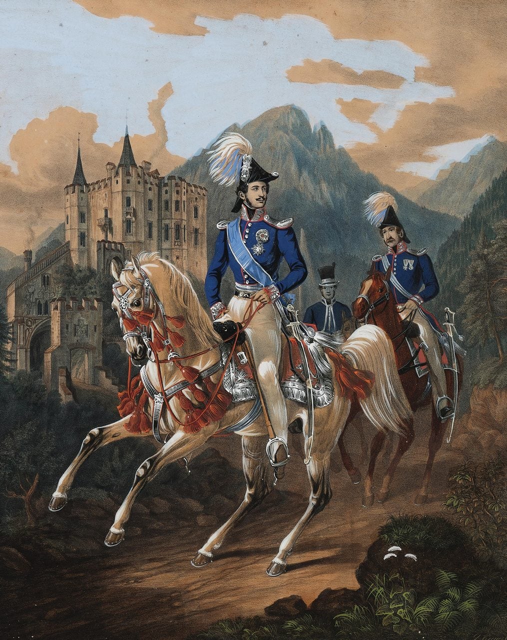 Hohenschwangau Castle 2 Crown Prince Maximilian of Bavaria on horseback before Hohenschwangau Castle, 1840