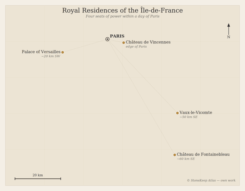 Royal Residences of Île-de-France: Four Seats of Power Near Paris 2 Royal residences of Île-de-France: a locator map of Vincennes, Versailles, Vaux-le-Vicomte, and Fontainebleau around Paris.