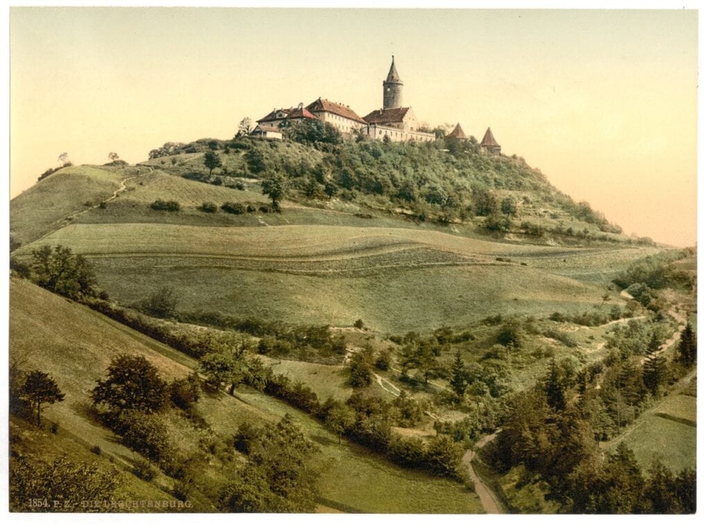 Photochrom print of Leuchtenburg Castle on its green hill, around 1900