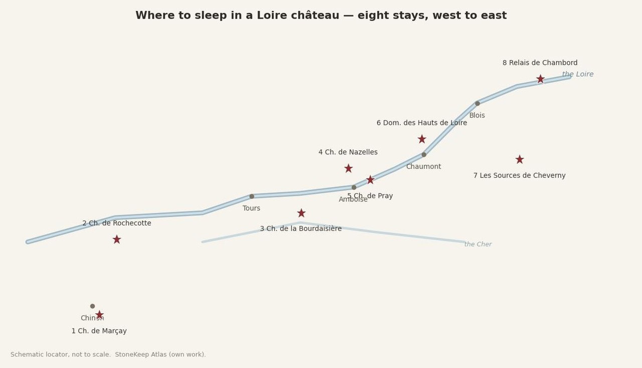 Castle Hotels in the Loire Valley: Where You Can Actually Sleep in a Château 2 Map of castle hotels in the Loire Valley, eight stays from Chinon to Chambord