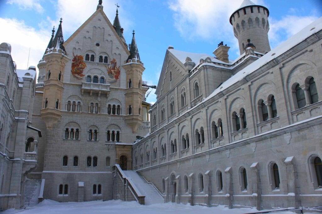 Neuschwanstein Castle 17 The upper courtyard of Neuschwanstein Castle, enclosed by the white walls and arcaded galleries of the Palas