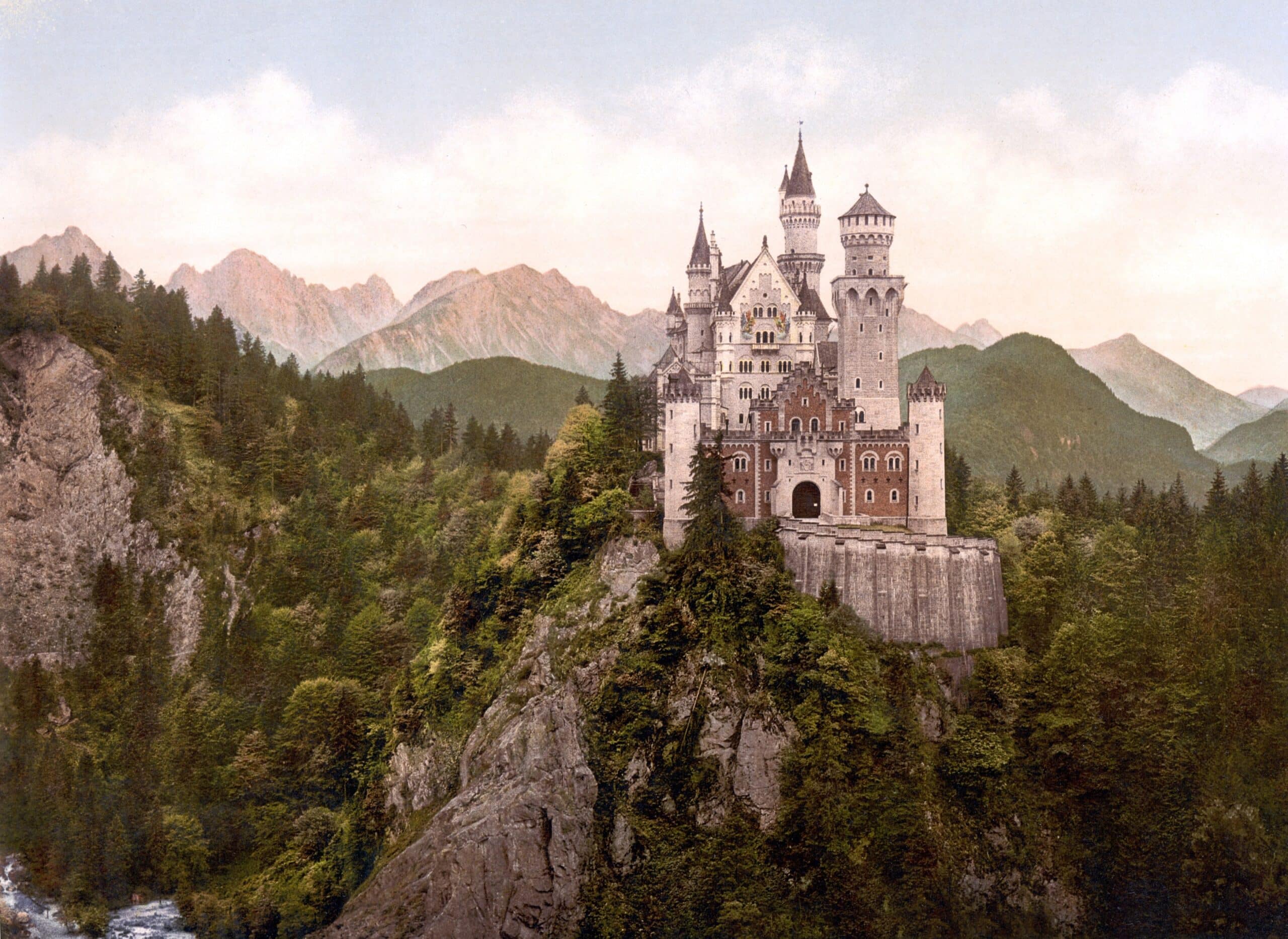 Neuschwanstein Castle 4 A color photochrom of Neuschwanstein Castle on its crag above the gorge, made about 1900, shortly after the castle opened to the public