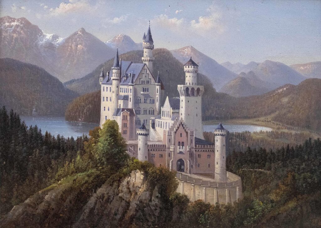 Neuschwanstein Castle 19 A 19th-century painting of Neuschwanstein Castle by Hubert Sattler, showing the castle on its ridge against the mountains