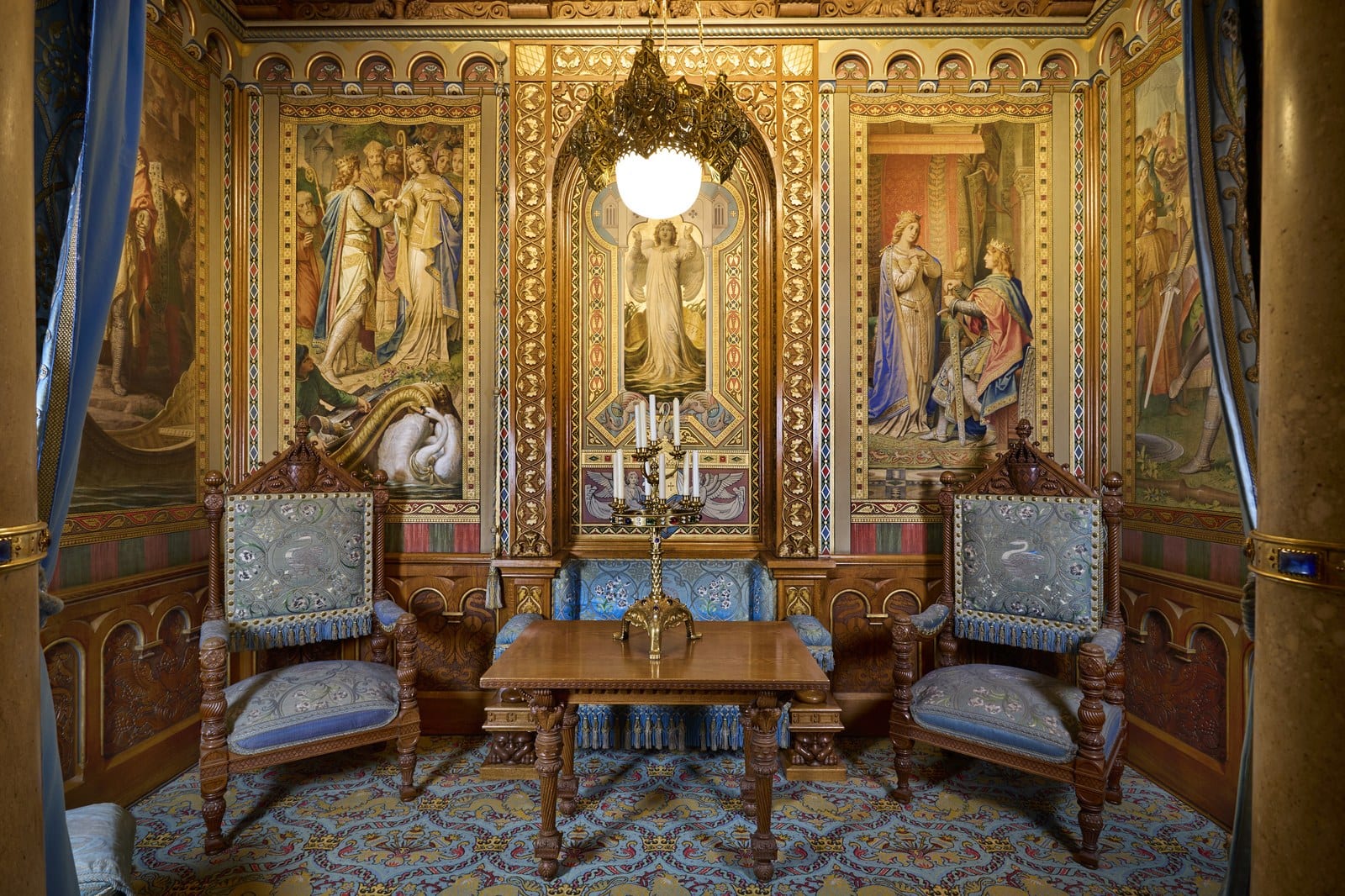 Neuschwanstein Castle 11 The Salon of Neuschwanstein Castle, decorated with murals of the Lohengrin swan-knight legend and swan-embroidered furniture