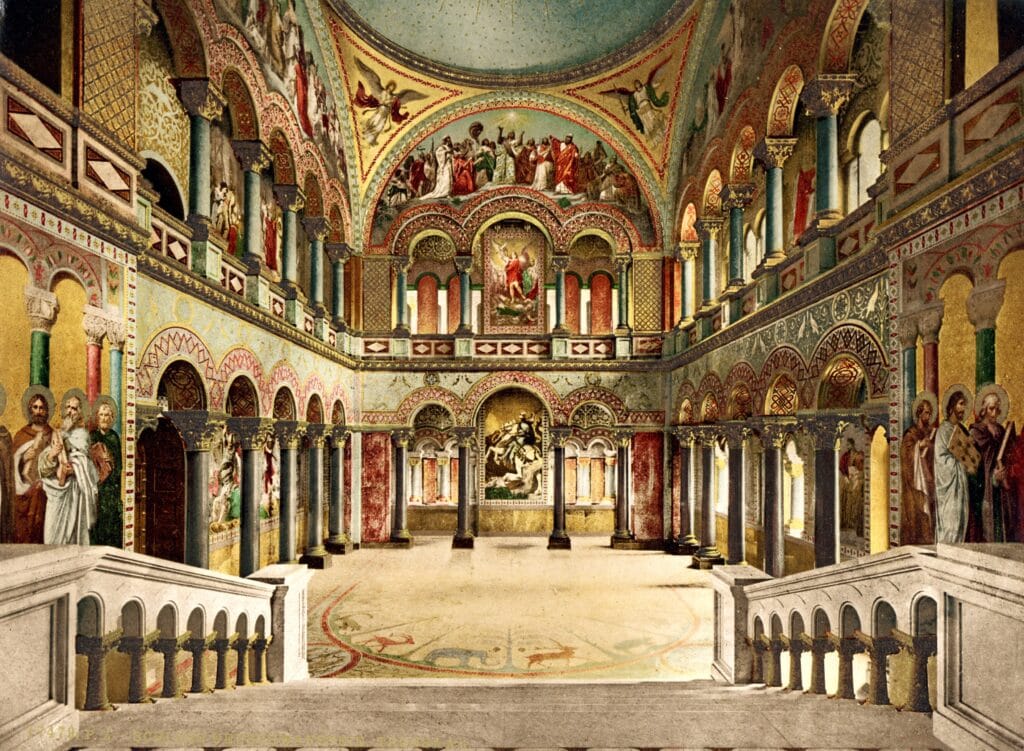 Neuschwanstein Castle 20 The Byzantine-style Throne Hall of Neuschwanstein Castle, with two tiers of columned galleries, an apse, and a mosaic floor, shown in a color photochrom of about 1900