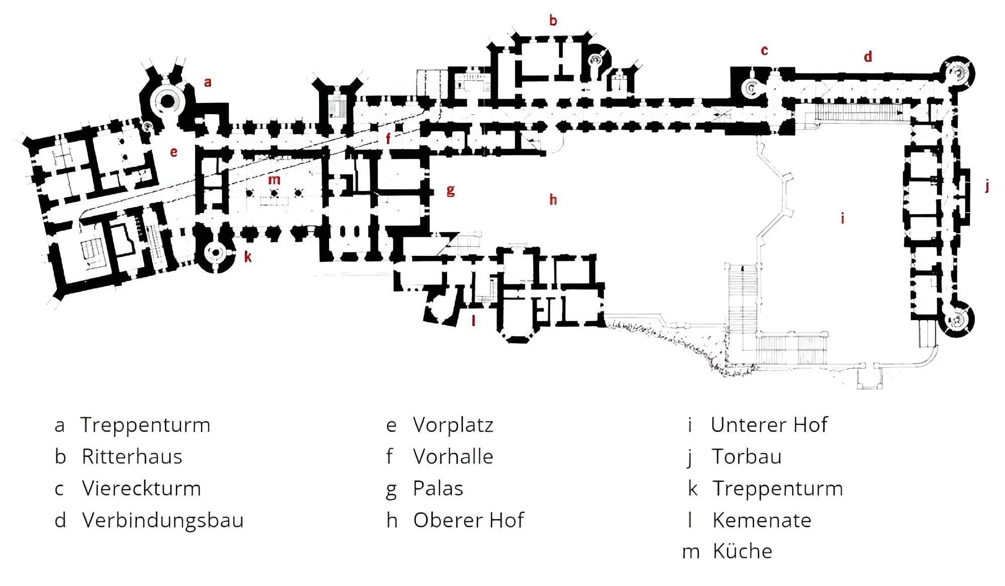 Neuschwanstein Castle 5 A labeled ground plan of the Neuschwanstein complex showing the gatehouse, Palas, knights' house, bower, and courtyards