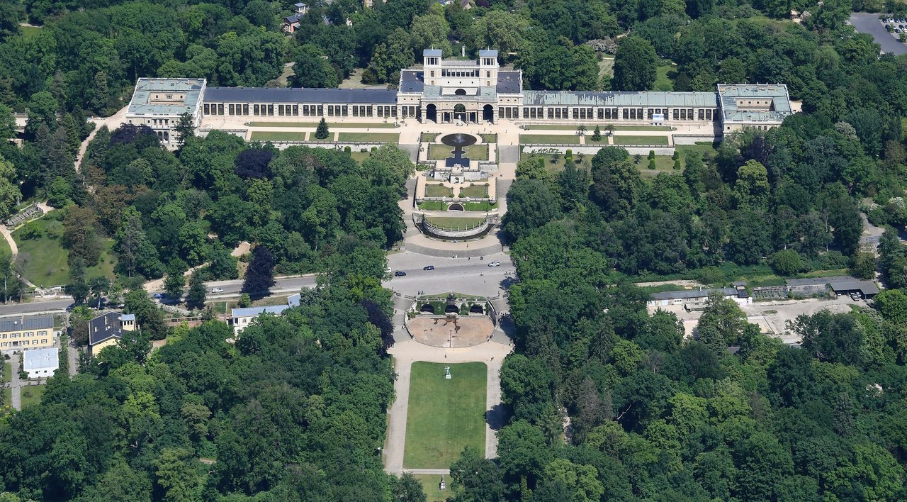 Orangery Palace 2 Aerial view from the south showing the full length of the Orangery Palace on its ridge above Sanssouci Park