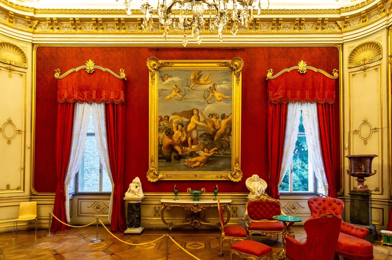 Orangery Palace 7 The Malachite Room in the Orangery Palace, with malachite surfaces, gilded furniture, and a copy of Raphael's Galatea