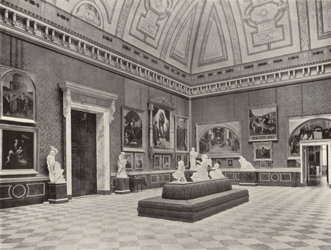 Orangery Palace 6 Historic photograph of the Raphael Hall in the Orangery Palace around 1900, hung with framed copies of Raphael's paintings