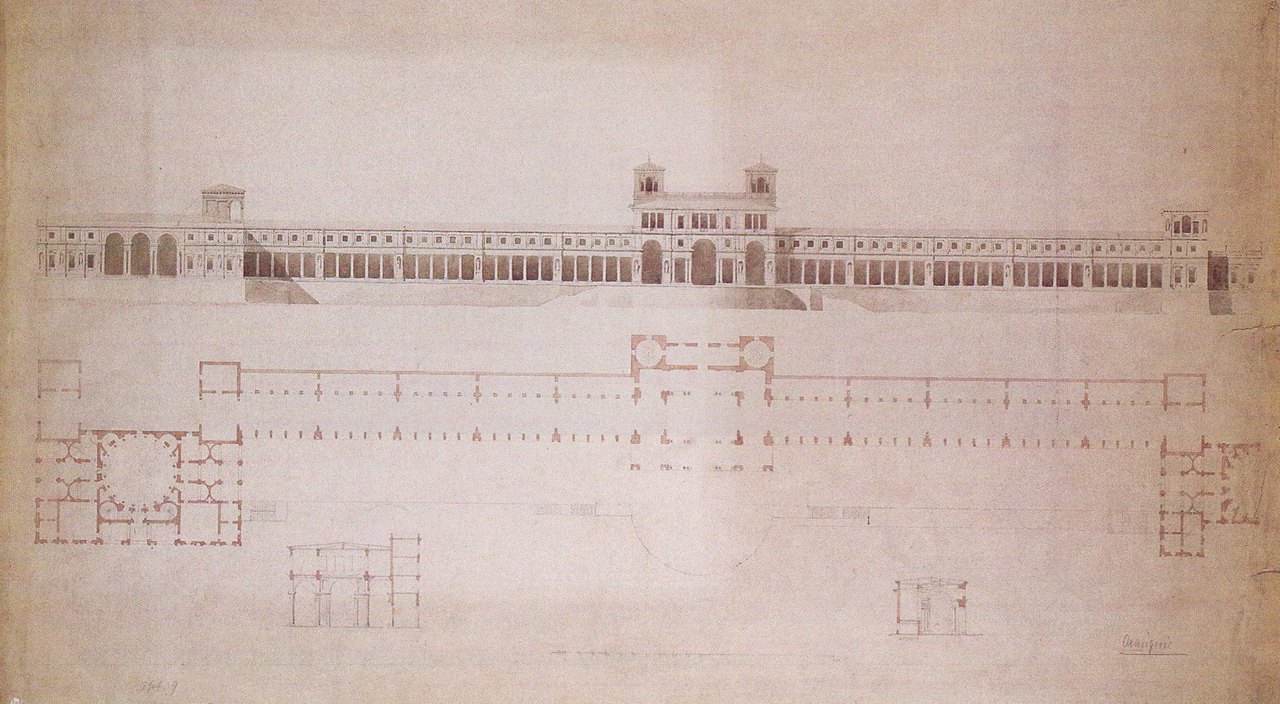Orangery Palace 3 Architectural drawing by Friedrich August Stüler showing the elevation, ground plan, and sections of the Orangery Palace