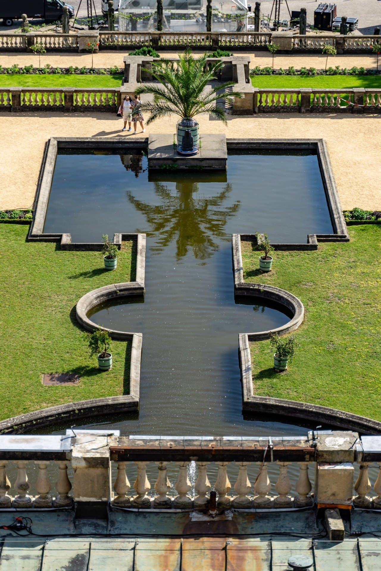 Orangery Palace 9 View down from the belvedere tower of the Orangery Palace onto a cross-shaped terrace water basin and the gardens of Sanssouci Park
