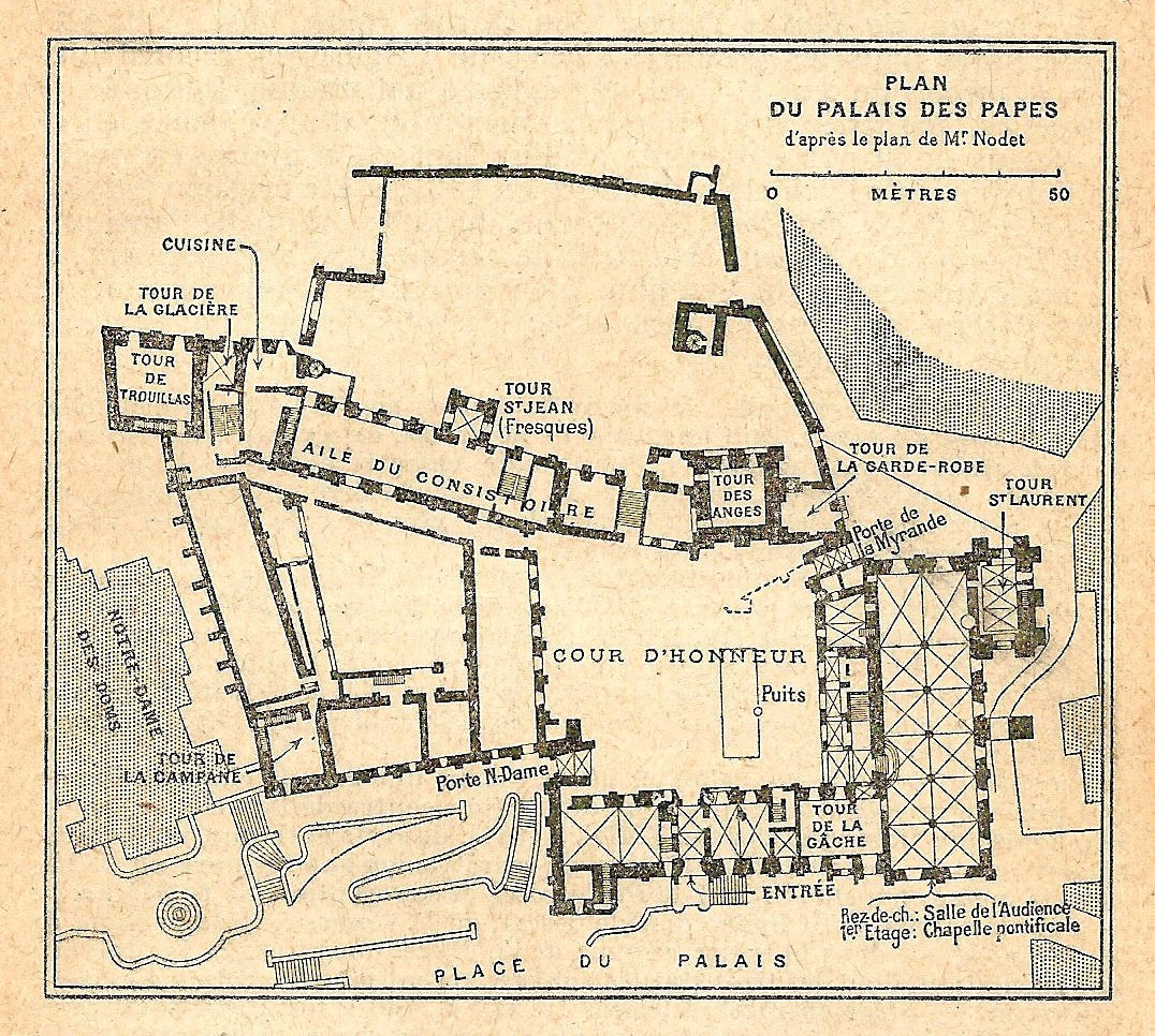 Plan of the Palais des Papes Historic floor plan of the Palais des Papes showing the Cour d'Honneur, towers and chapels