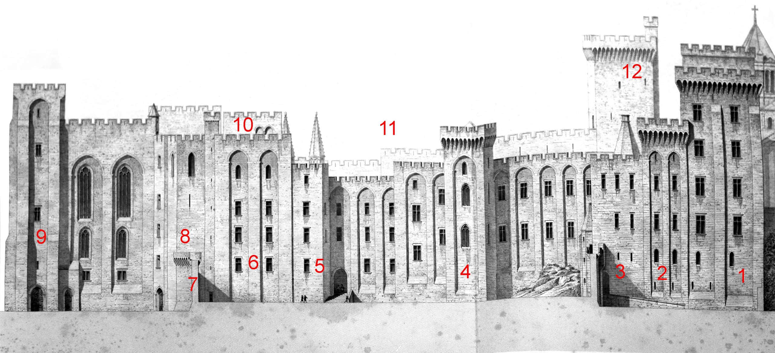 The twelve towers of the Palais des Papes Labeled elevation drawing of the Palais des Papes identifying its twelve towers