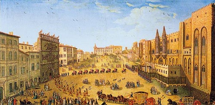 Palais des Papes 12 A painted procession of the papal vice-legate crossing the Place du Palais before the Palais des Papes