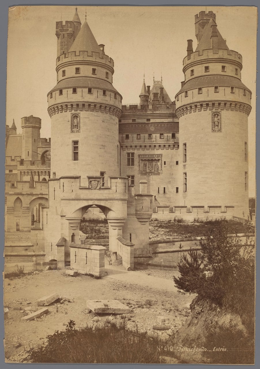 Pierrefonds gatehouse soon after completion — Rijksmuseum, CC0 Sepia photograph of the newly finished gatehouse of Pierrefonds, the surrounding ground still bare and unlandscaped