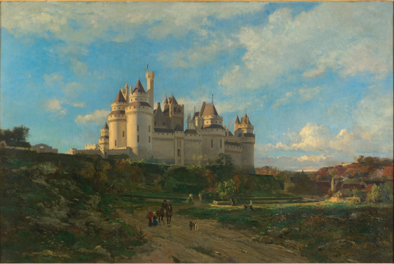 Château de Pierrefonds, by Emmanuel Lansyer — public domain Nineteenth-century painting of the completed Château de Pierrefonds rising above a country road, by Emmanuel Lansyer