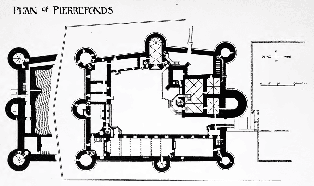 Plan of Pierrefonds — after Viollet-le-Duc, public domain Architectural plan of Château de Pierrefonds showing its eight corner towers, courtyard, chapel and keep
