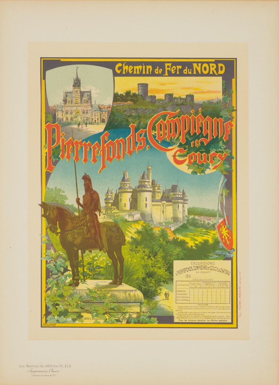 Chemin de Fer du Nord poster, designed by G. Fraipont — public domain Belle Époque Chemin de Fer du Nord travel poster advertising excursions to Pierrefonds, Compiègne and Coucy