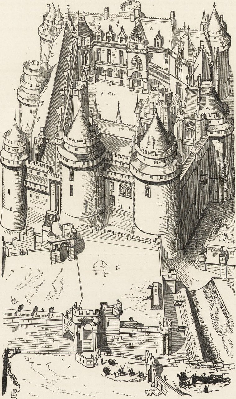 Pierrefonds as restored by Viollet-le-Duc (engraving) — Internet Archive Book Images, no restrictions Nineteenth-century bird's-eye engraving of Pierrefonds as completed to Viollet-le-Duc's design