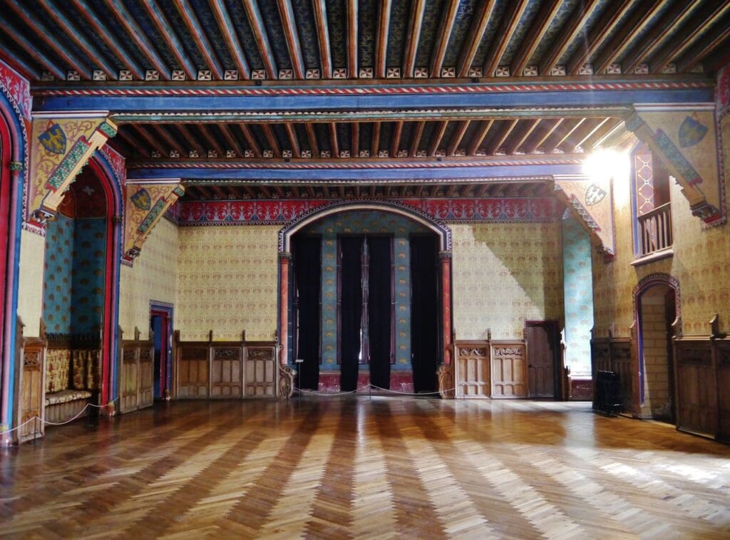 Château de Pierrefonds 7 The polychrome painted Salon de Réception with its beamed and stencilled ceiling