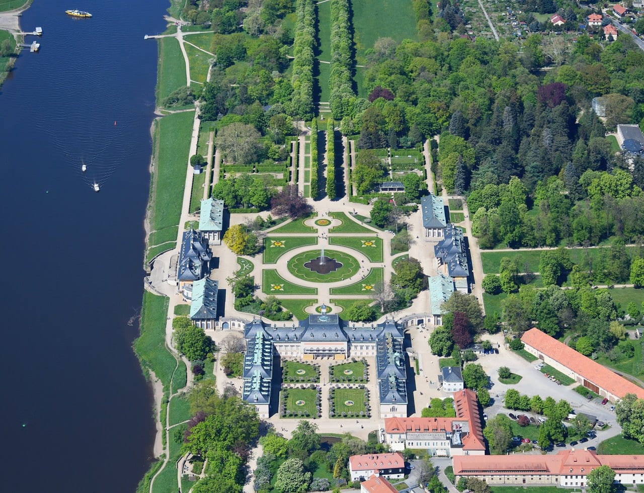 Pillnitz Castle 8 Aerial view of Schloss Pillnitz showing the three palaces framing the garden beside the Elbe