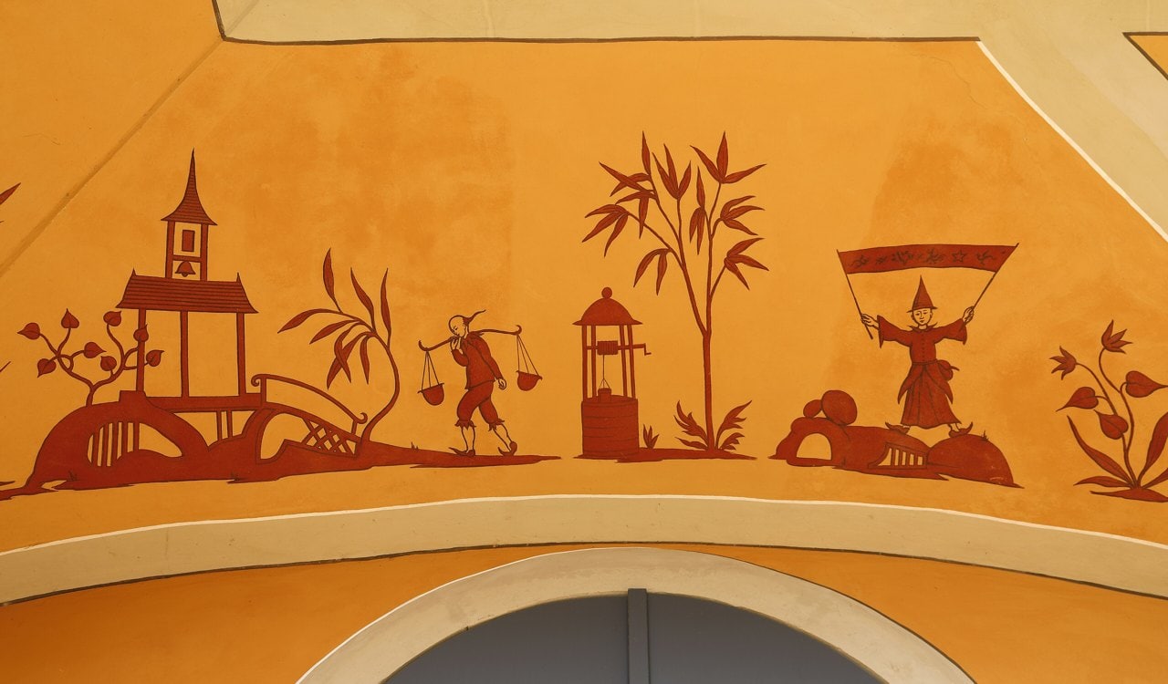 Pillnitz Castle 3 Painted chinoiserie figures in the cove of the Bergpalais eaves at Schloss Pillnitz