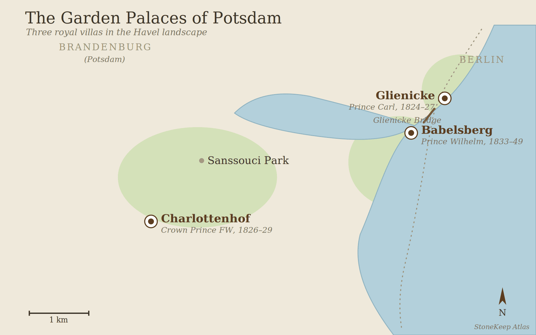 The Garden Palaces of Potsdam 2 Map of the three garden palaces of Potsdam: Glienicke, Charlottenhof, and Babelsberg on the River Havel.