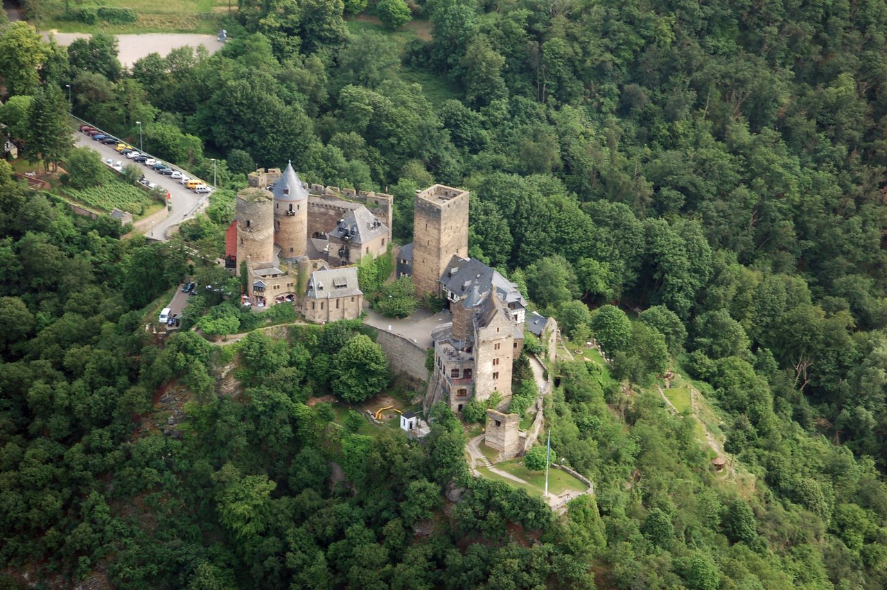 Schönburg Castle 4 Aerial view of Schönburg Castle showing its towers and ranges along the ridge