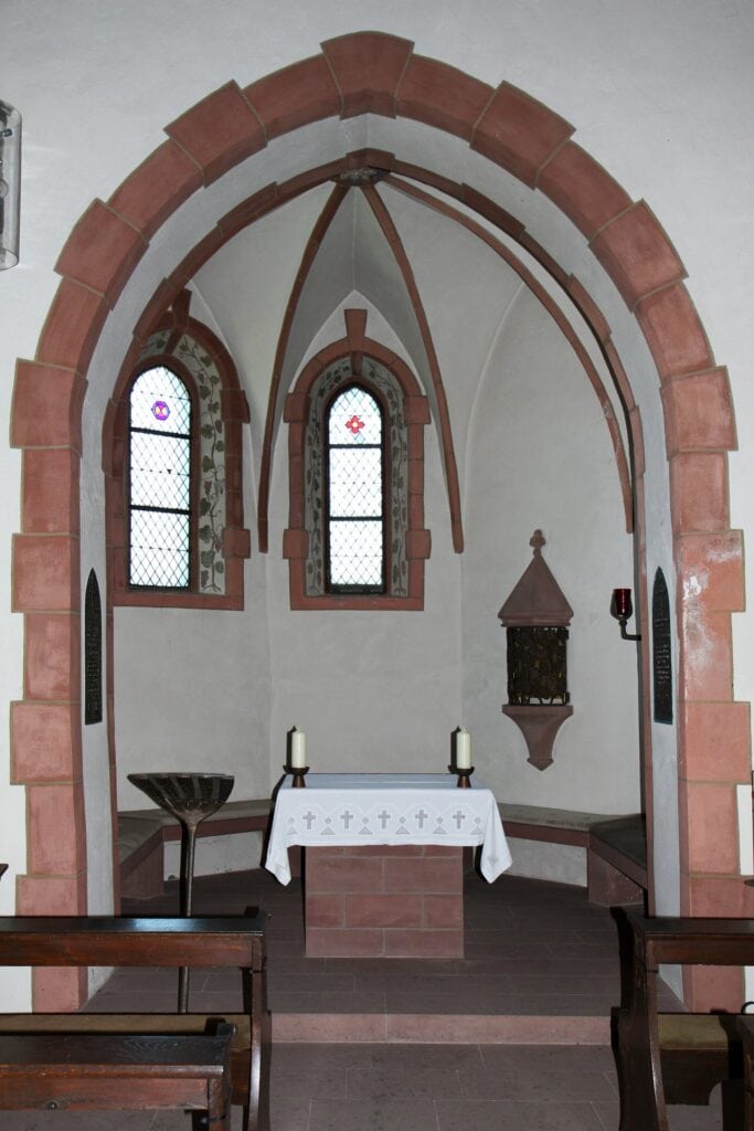 Schönburg Castle 12 Choir of the castle chapel at Schönburg with painted Gothic windows