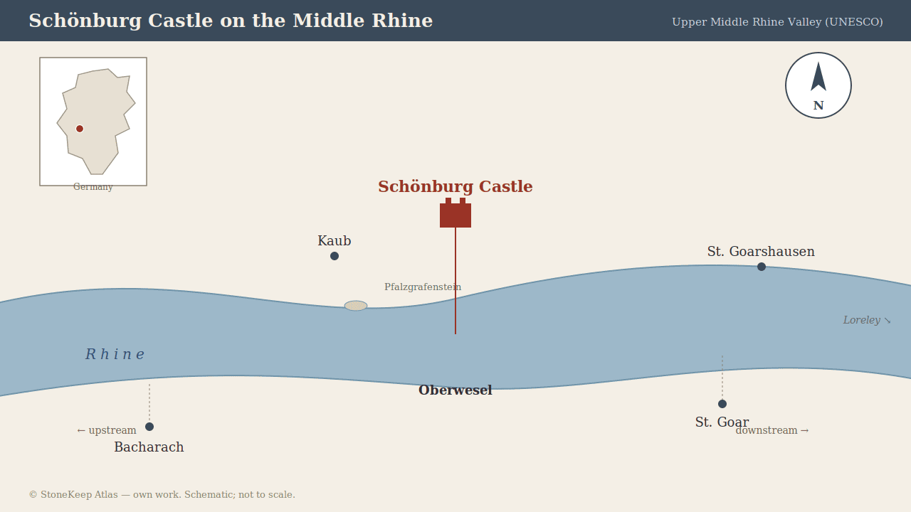 Schönburg Castle 10 Locator map of Schönburg Castle at Oberwesel on the Middle Rhine, between Bacharach and St. Goar