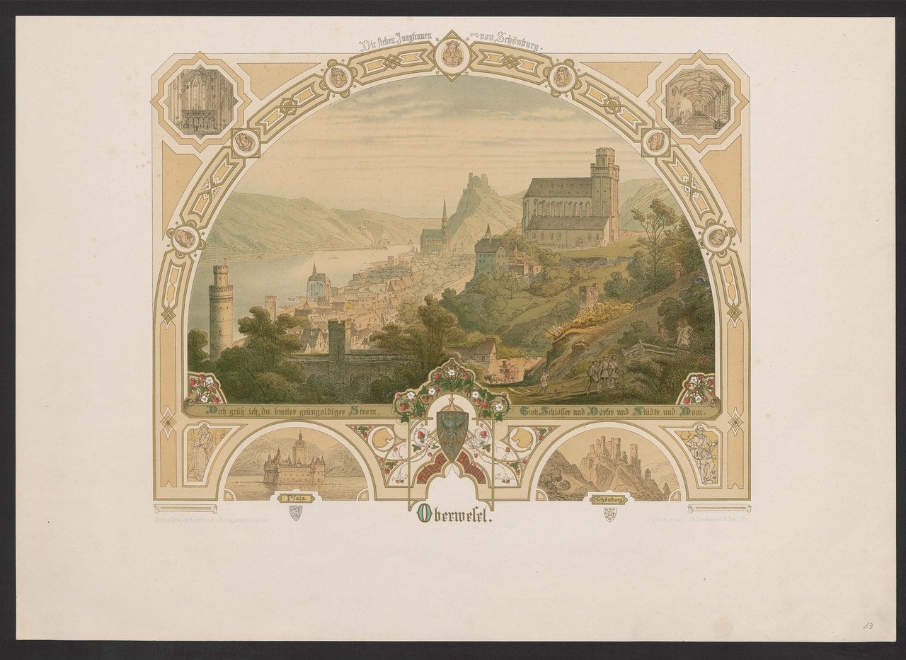 Schönburg Castle 8 Nineteenth-century lithograph of Oberwesel titled the Seven Maidens of Schönburg