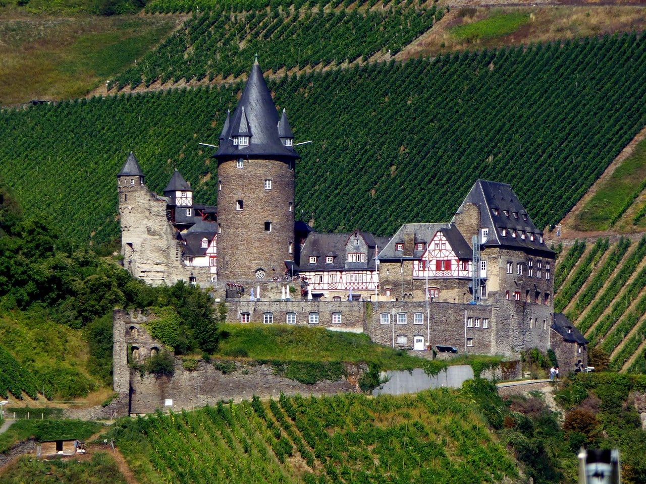 Stahleck Castle 2 Stahleck Castle above Bacharach, its round keep and shield wall rising over terraced vineyards.