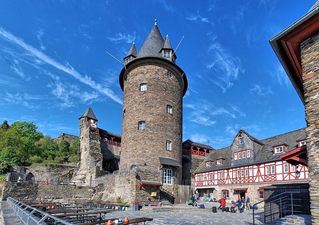 Stahleck Castle 7 The inner courtyard and biergarten of Stahleck Castle beneath the round keep.
