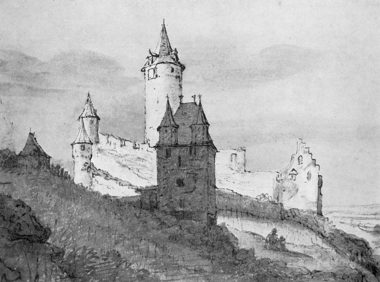 Stahleck Castle 4 Lambert Doomer's 1663 drawing of Stahleck Castle before its destruction.