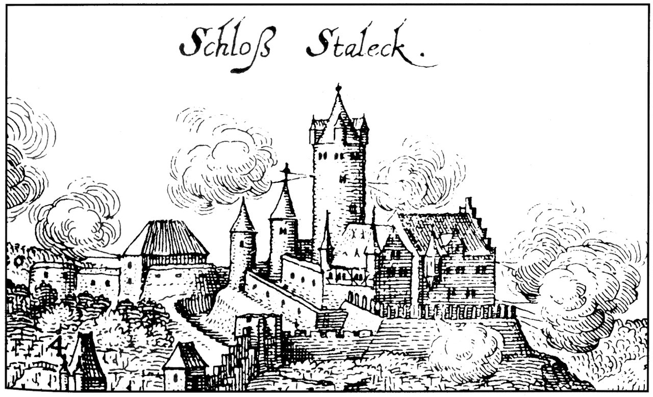 Stahleck Castle 3 Matthaeus Merian's 1646 engraving of Stahleck Castle above Bacharach.