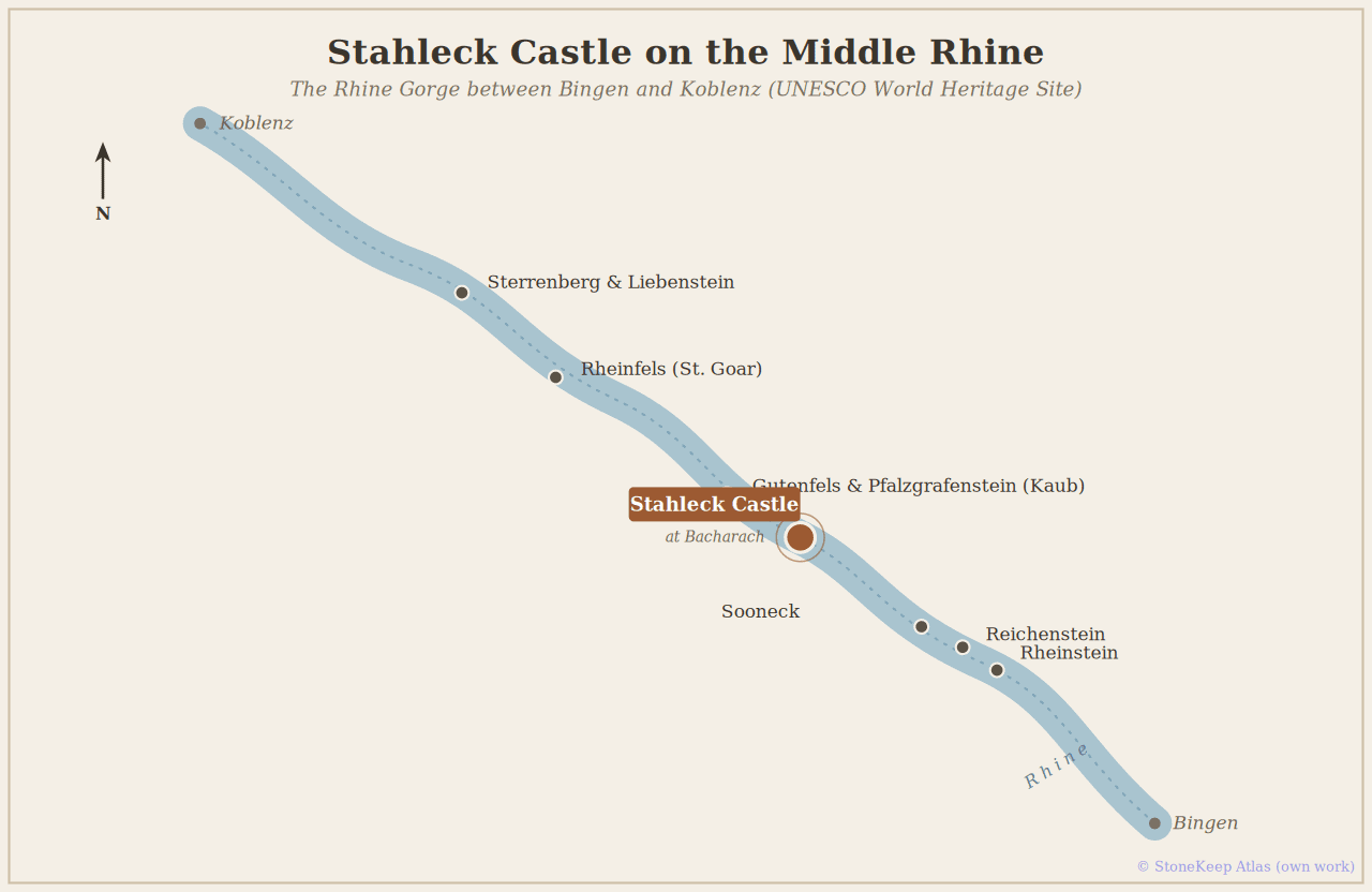 Stahleck Castle 8 Locator map of Stahleck Castle on the Middle Rhine between Bingen and Koblenz, with neighboring Rhine castles marked.