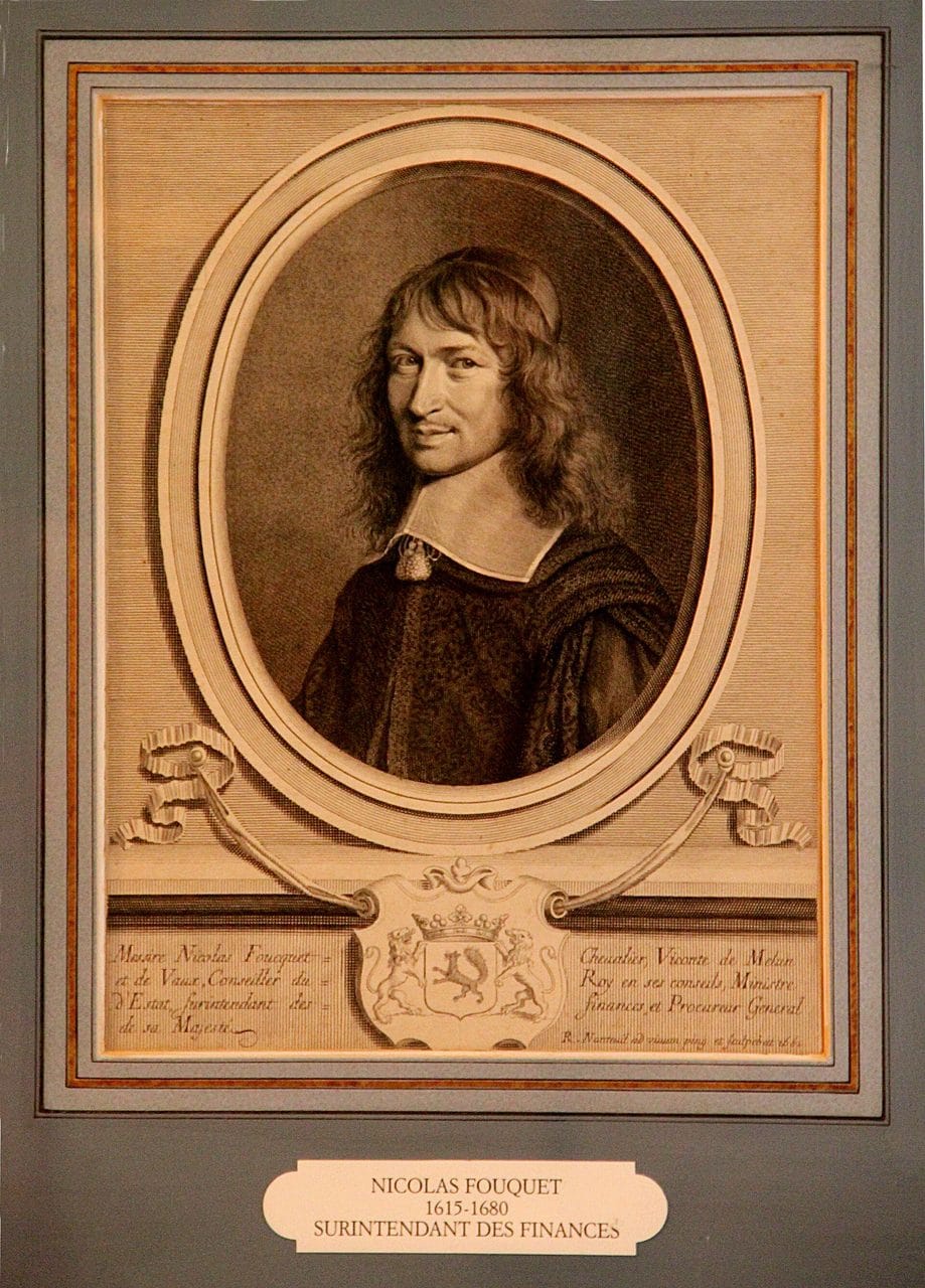 Engraved portrait of Nicolas Fouquet by Robert Nanteuil, with his squirrel arms below