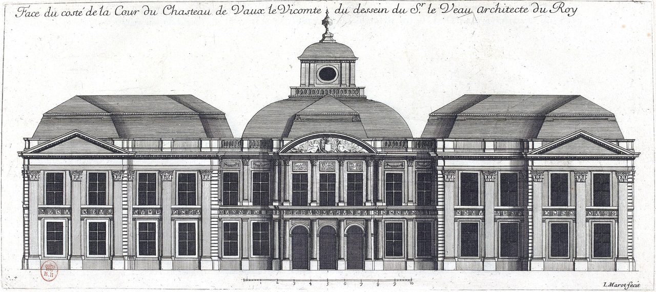Jean Marot engraving of the court-side elevation of Vaux-le-Vicomte, after Le Vau