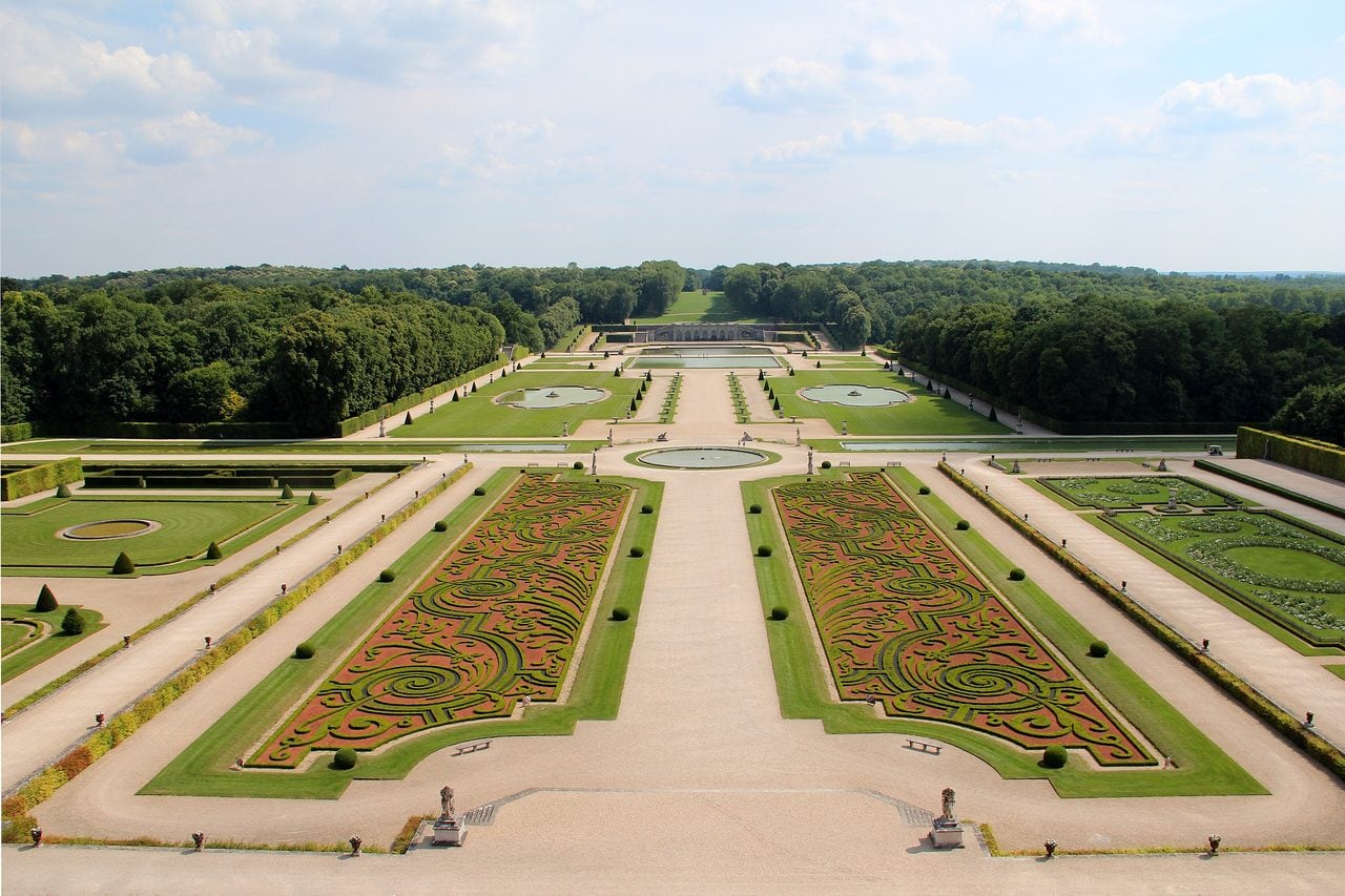 The parterres de broderie of Vaux-le-Vicomte seen from above along the central axis